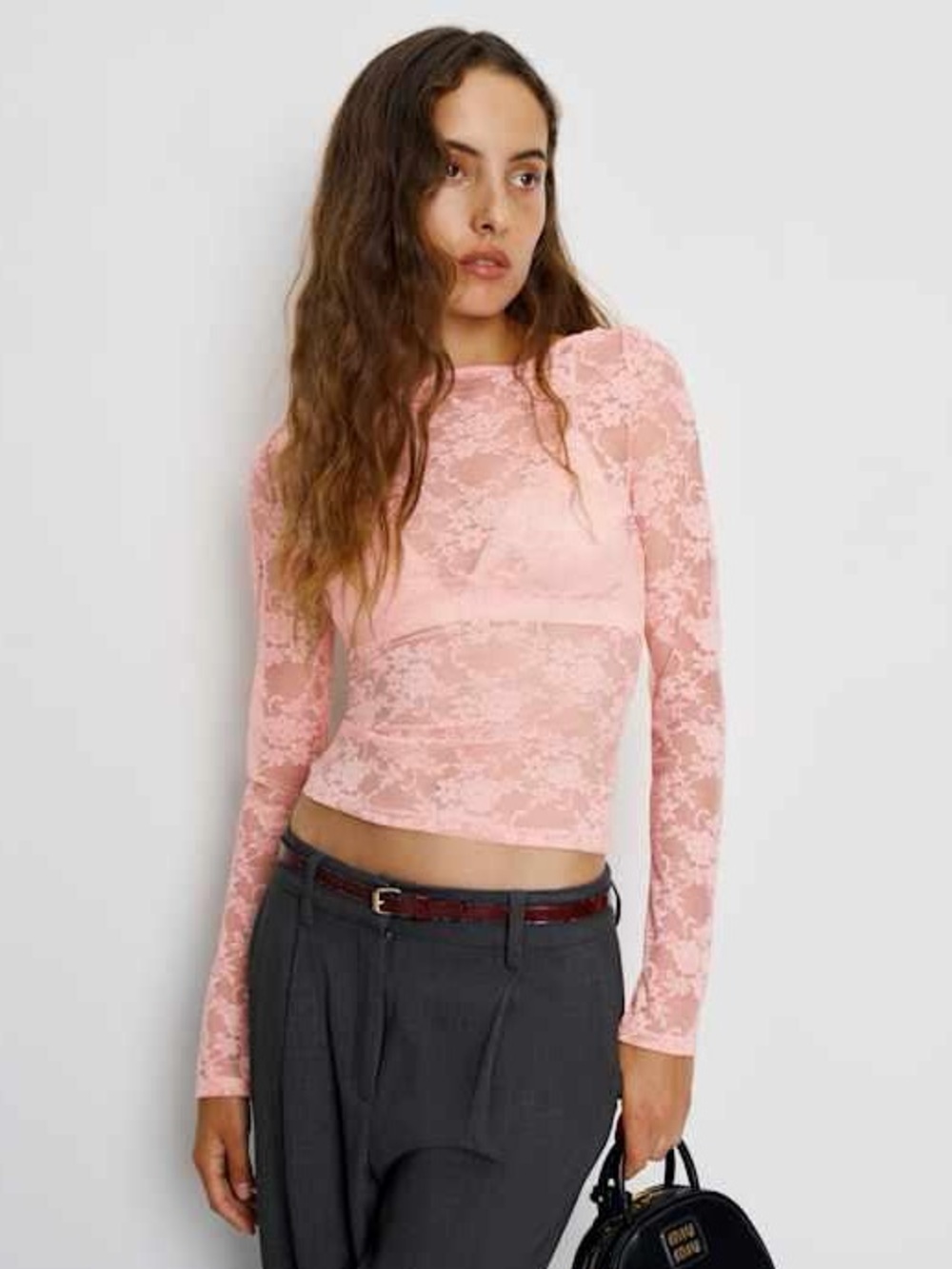 Reformation MEDIUM Adriano pink lace sheer knit long sleeve top
